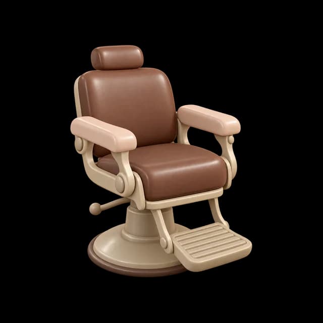 Brown clay barber chair with blush armrests, cream frame, round base and a grooved footrest.