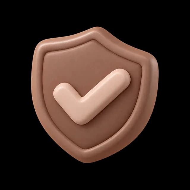Mocha shield with a raised outer border and a thick blush-pink checkmark in the centre.
