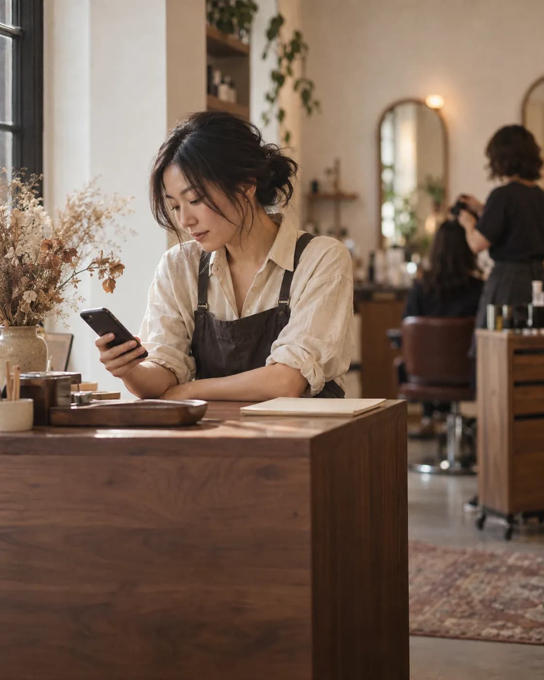 Salon owner in an apron leans on a wooden front desk looking at the phone in her hand, a stylist working behind her.
