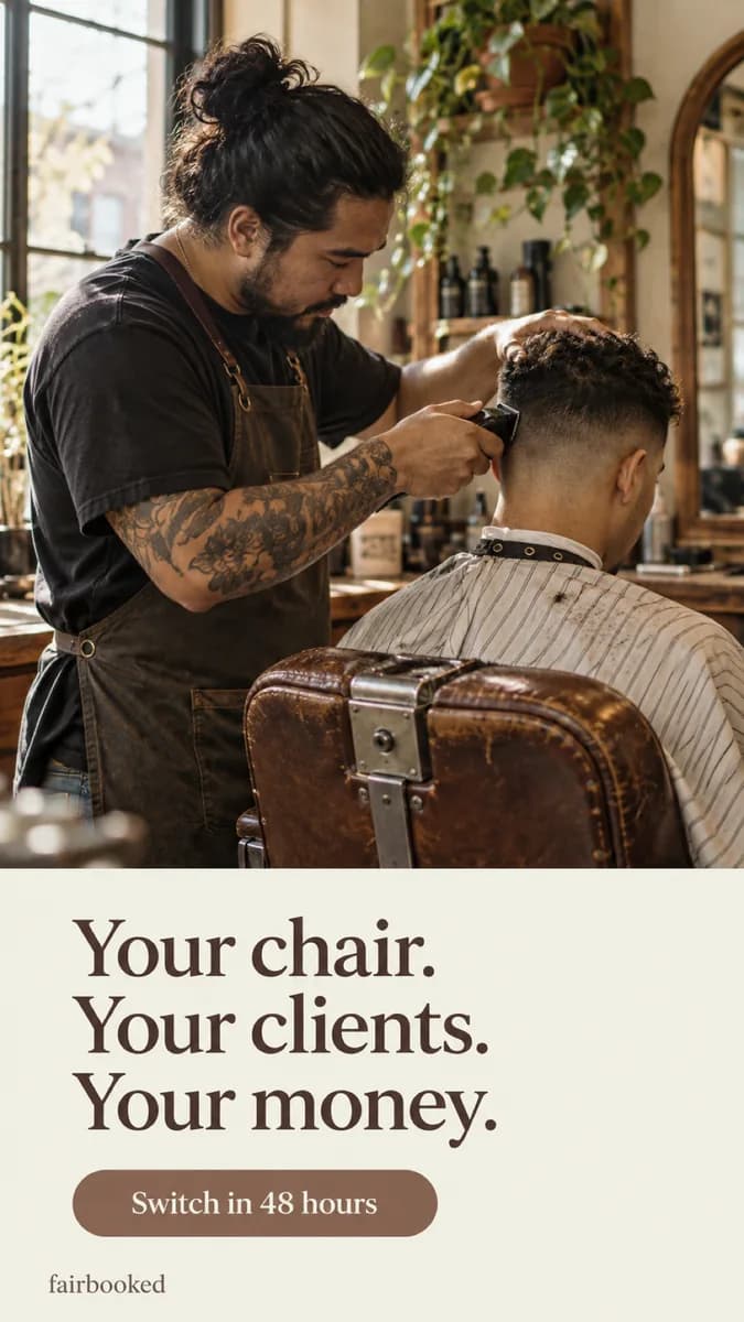 Barber in an apron uses clippers on a client in a brown leather chair; text reads "Your chair. Your clients. Your money."