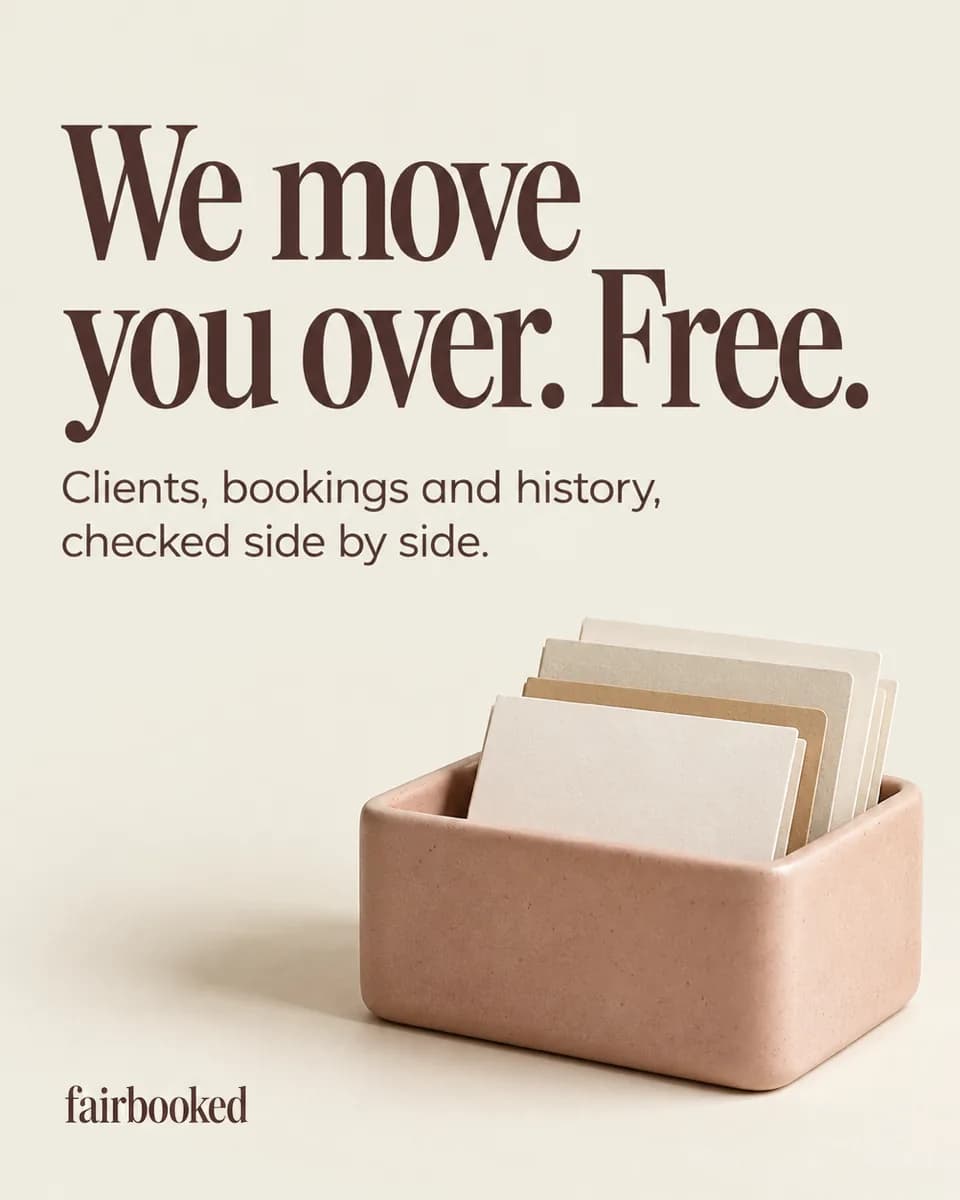 Text reads "We move you over. Free." and "Clients, bookings and history, checked side by side." beside a card box.