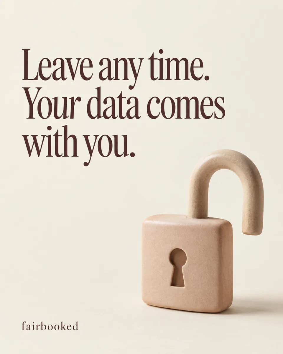 Text reads "Leave any time. Your data comes with you." beside a blush carved padlock with its shackle open.