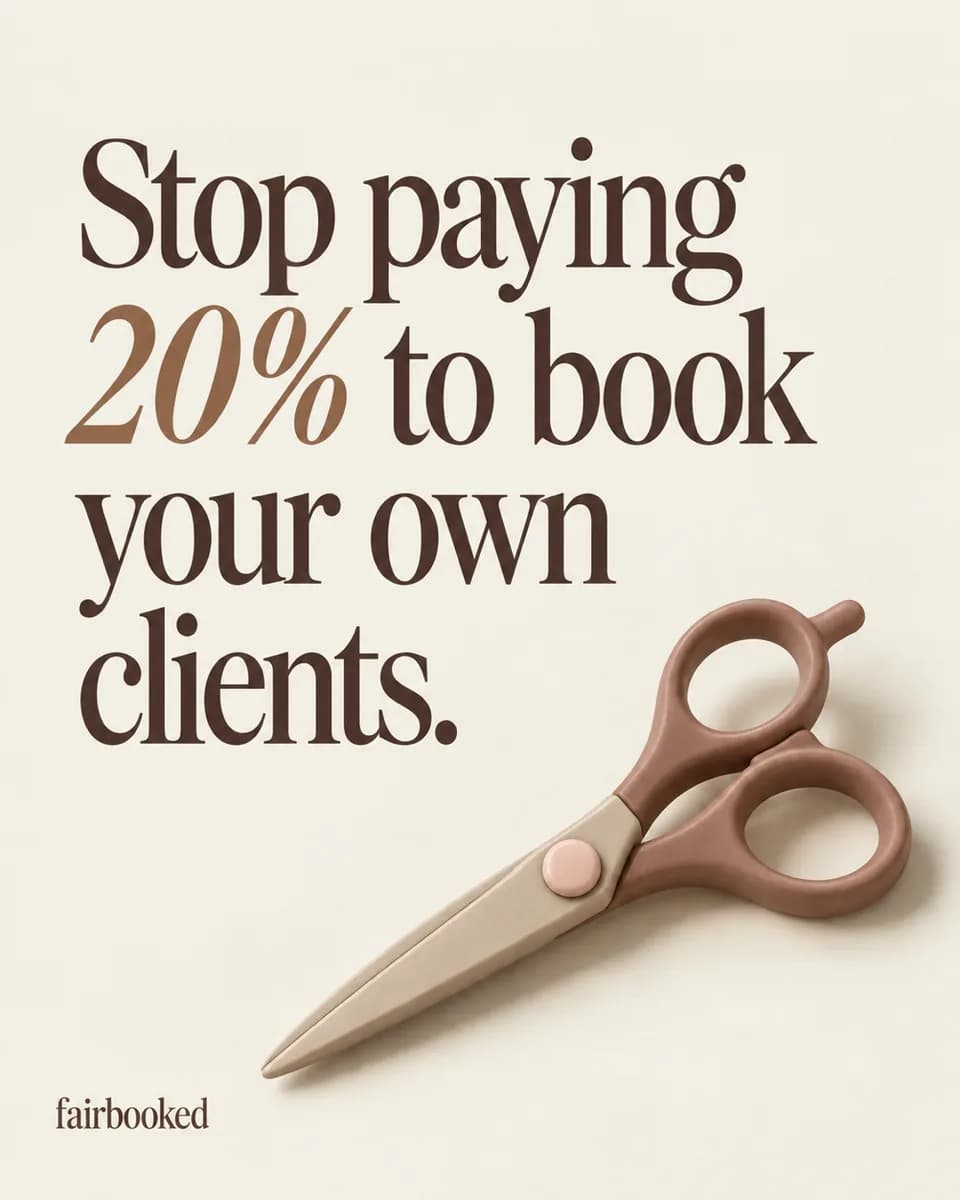 Text reads "Stop paying 20% to book your own clients." beside a pink clay-coloured pair of scissors on a cream background.