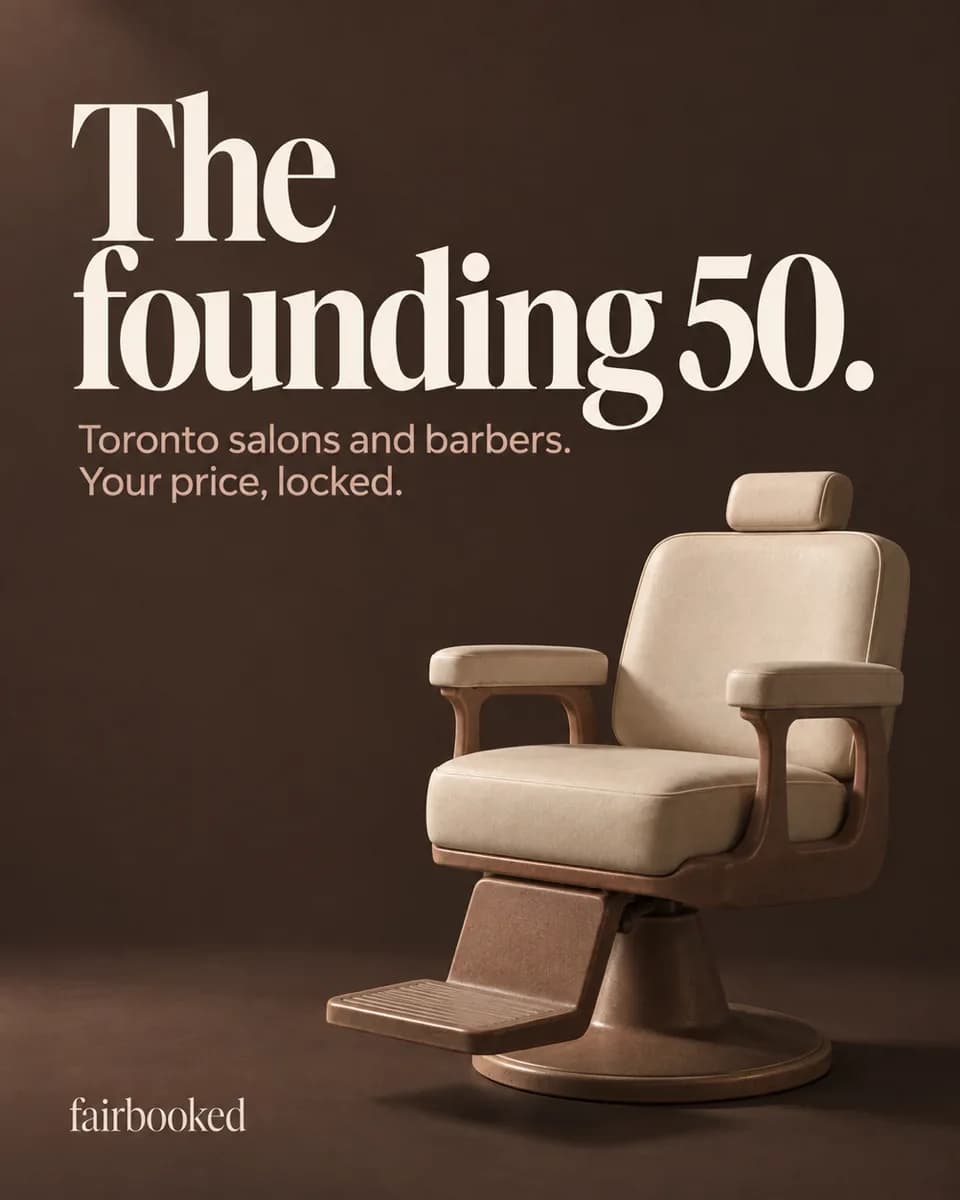 Text reads "The founding 50. Toronto salons and barbers. Your price, locked." above a cream leather barber chair on brown.