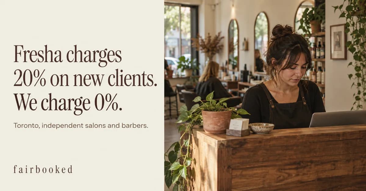Salon owner in an apron uses a laptop at a Toronto counter; text says "Fresha charges 20% on new clients. We charge 0%."
