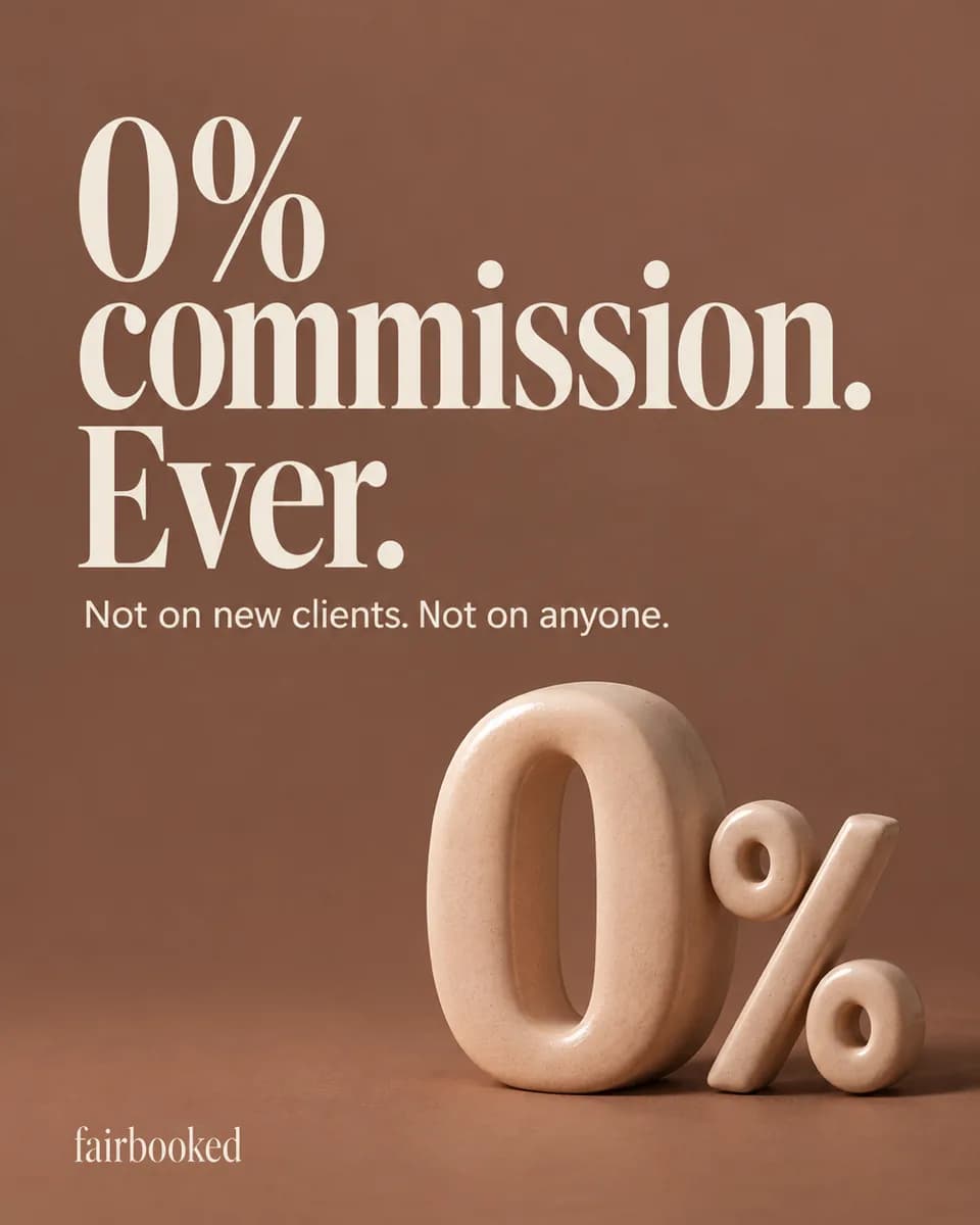 Text reads "0% commission. Ever." and "Not on new clients. Not on anyone." next to a blush 3D percent prop.