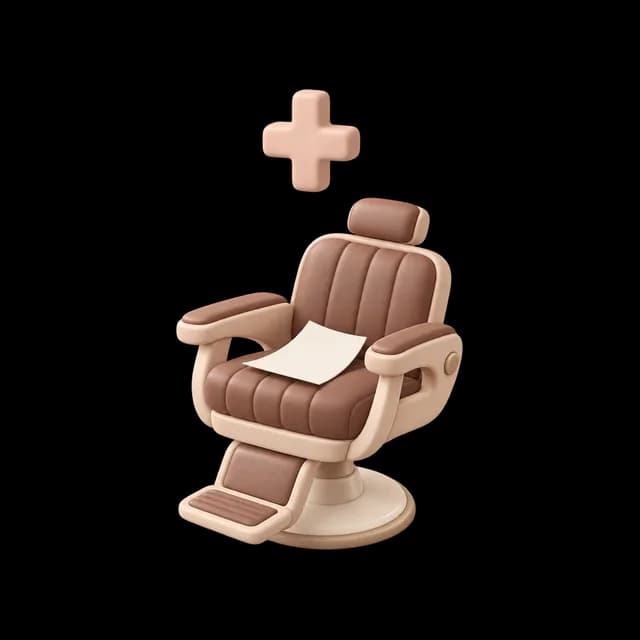 Barber chair empty state with floating plus icon Ceramic barber chair with a blank paper sheet on the seat and a blush ceramic plus sign floating above it.